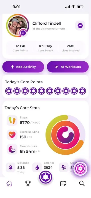 The Core Direction app home screen showing Core Points, streak, steps, exercise minutes and sleep for the day