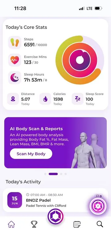 Daily activity stats in the Core Direction app: steps, exercise minutes, sleep hours, distance and calories