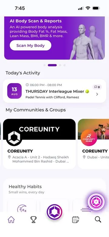 Communities and groups in the Core Direction app, with the day's bookings and healthy habits below