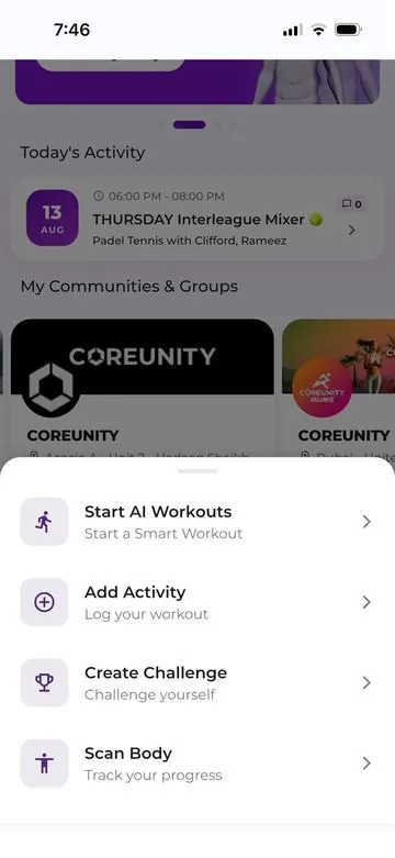Quick actions in the Core Direction app: start an AI workout, add an activity, create a challenge or scan your body