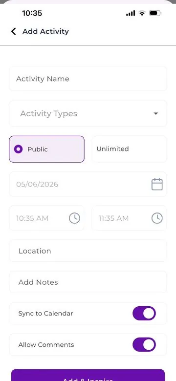 Adding an activity in the Core Direction app, with a public or private setting, time, location and notes