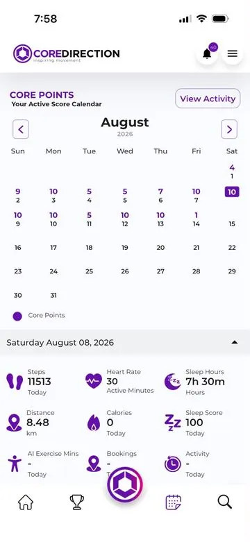 A month of Core Points in the Core Direction app, with the day's steps, heart rate, sleep and distance below