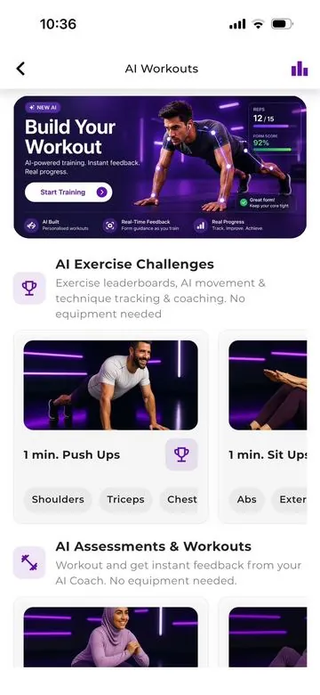 AI workouts in the Core Direction app, with exercise challenges and assessments that need no equipment