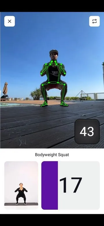 The Core Direction app counting squats from the phone camera with live skeleton tracking and a rep counter