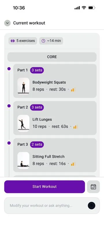 An AI built workout in the Core Direction app with five exercises, sets, reps and rest times