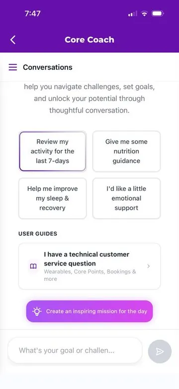 Core Coach in the Core Direction app offering activity review, nutrition guidance, sleep help and support