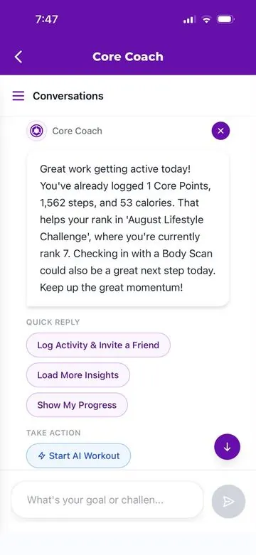 Core Coach summarising the day's Core Points, steps and calories and the user's rank in a live challenge