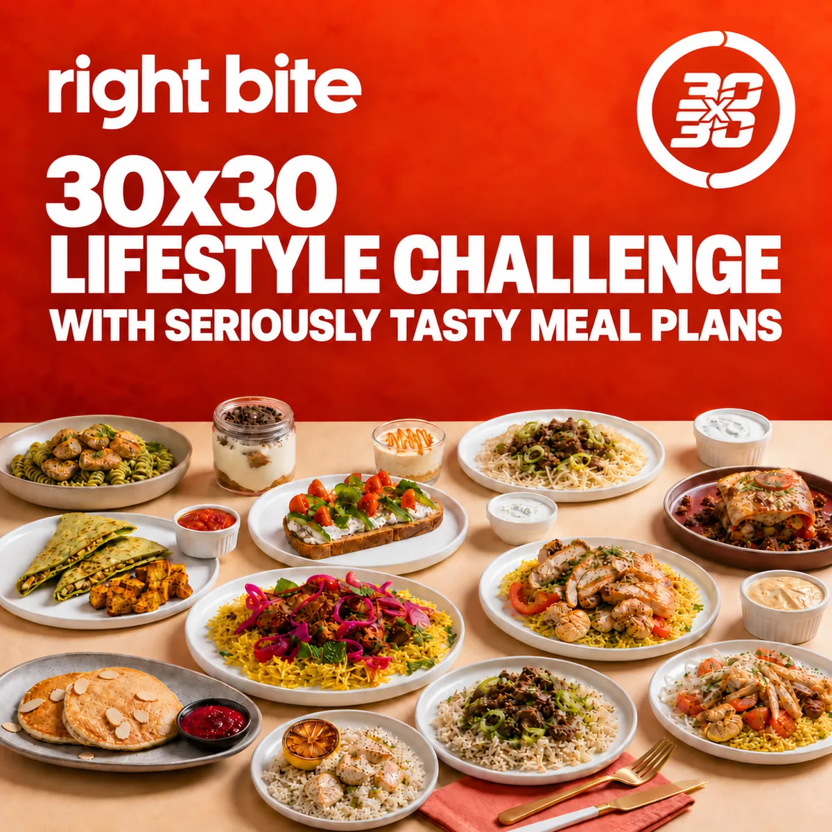 Right Bite 30x30 Lifestyle Challenge artwork: a table of Right Bite meals, pasta, rice dishes, wraps, pancakes and desserts, under a red banner reading 30x30 Lifestyle Challenge with seriously tasty meal plans